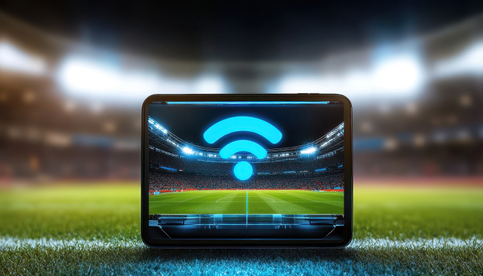 Tablet with a WiFi signal sitting on the goal line of a stadium